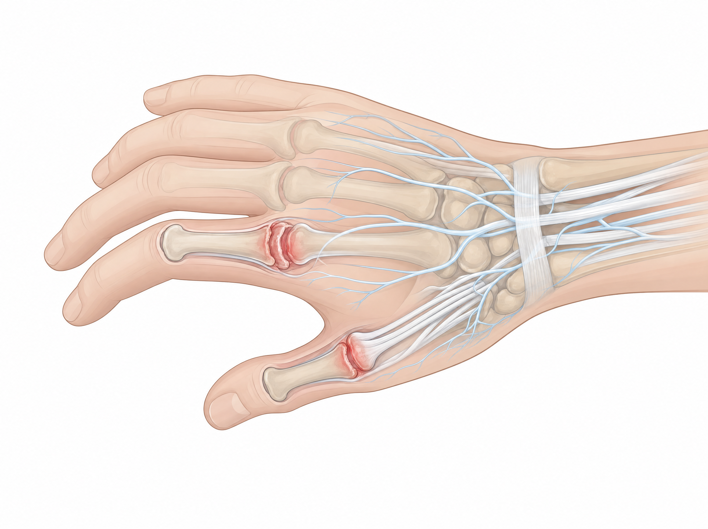 How I picture it now: small joints, less flow overnight, swelling around the tissue. Illustration — not a scan.